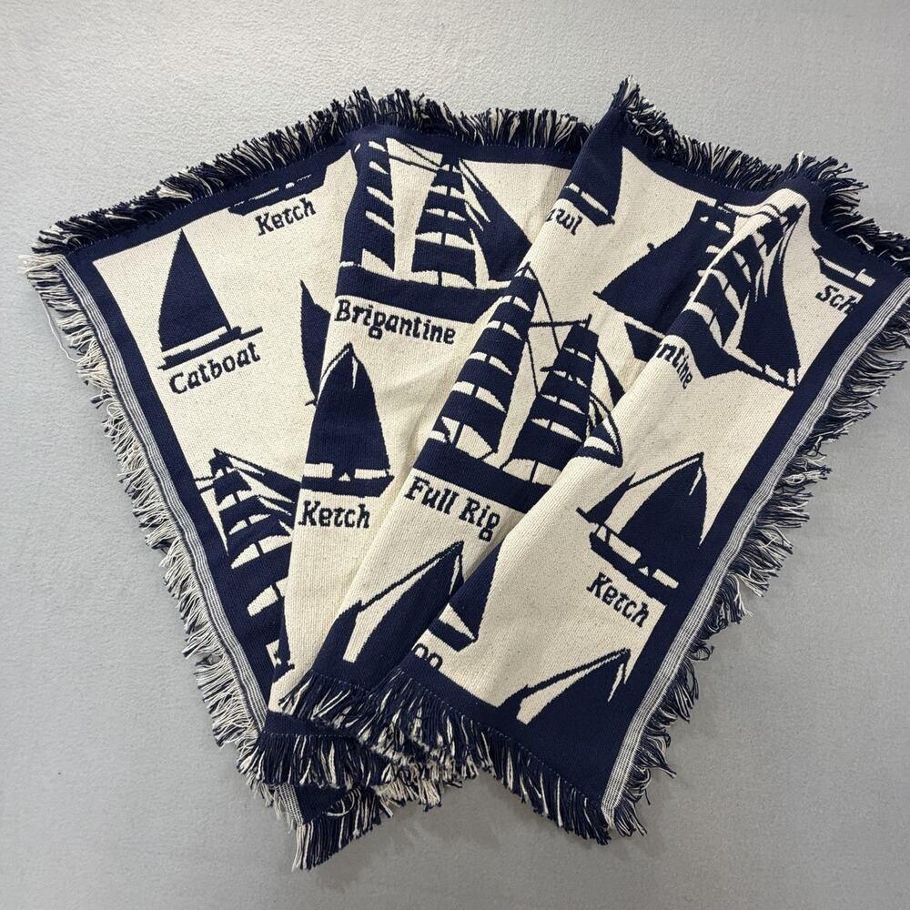 Nautical Sailboat Woven Throw Blanket Navy Blue Maritime Sailing Fringe Tapestry